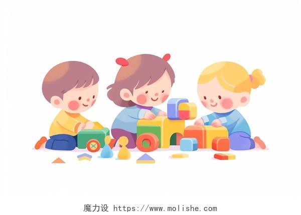 三个小孩在地上开心地玩积木玩具卡通AI插画幼儿园招生儿童玩玩具